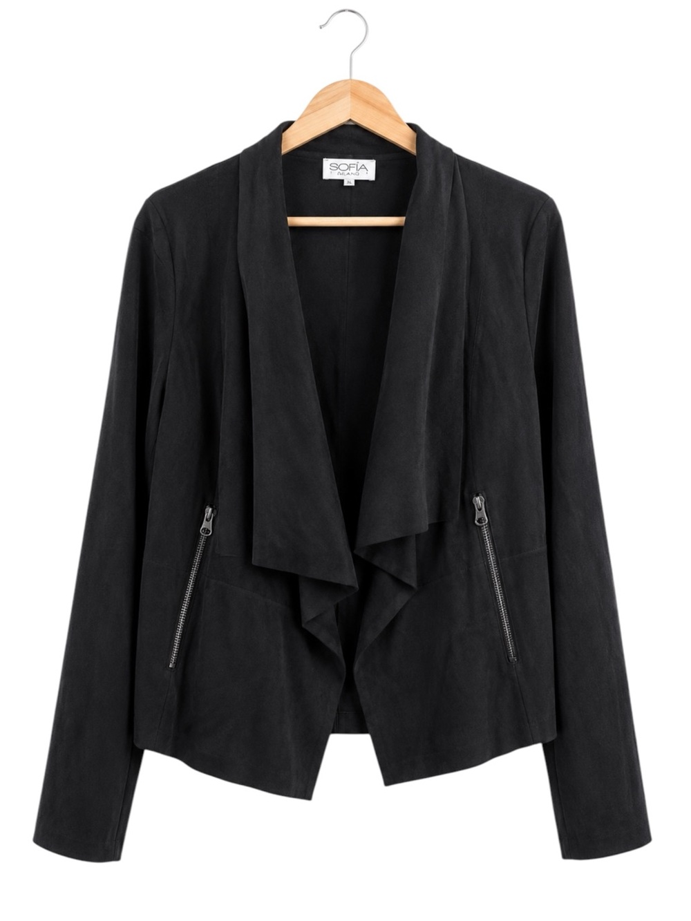 Womens Faux Suede Waterfall Drape Open Front Drapey Moto Jacket Medium Black